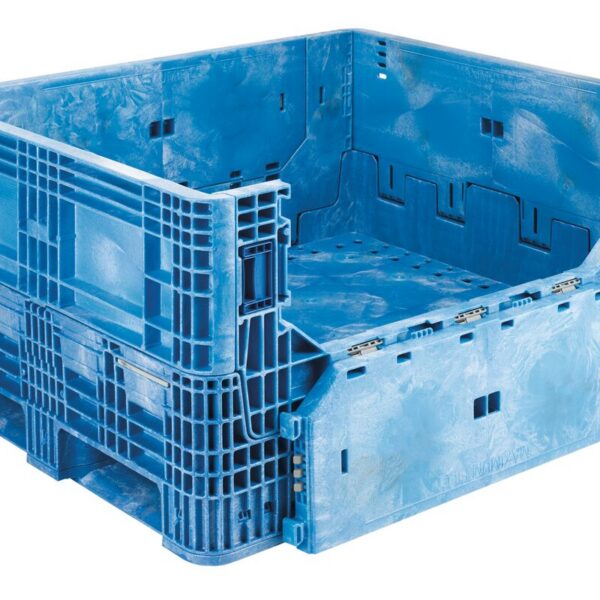 A large blue plastic HDR4048-25 bulk storage container with a fold-down side door, shown empty against a white background.