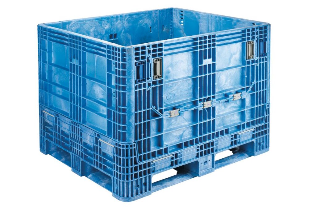 HDR4048-34 large blue plastic bulk container designed for industrial or warehouse storage and transport.