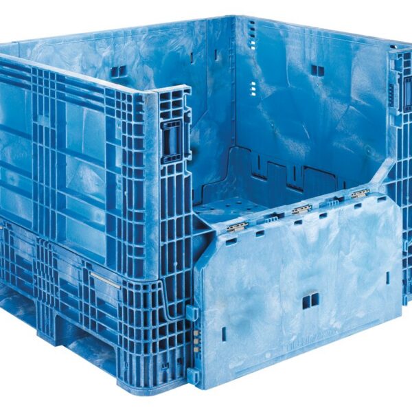 HDR4048-34 blue plastic bulk storage container with side door open, displaying interior space and structural details, isolated on a white background.