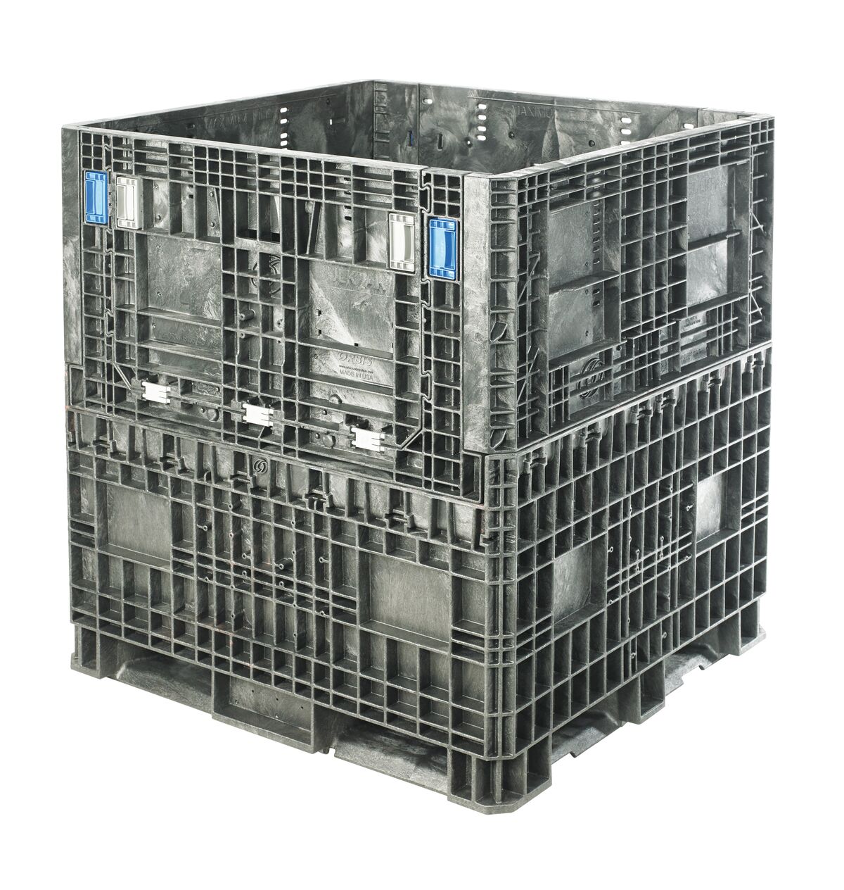 A large collapsible bulk container with a blue lid.