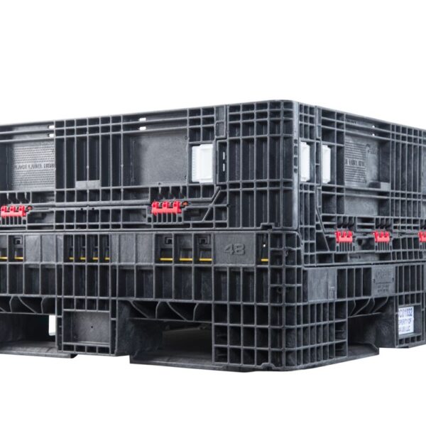 A black collapsible bulk bin with a lid on it.