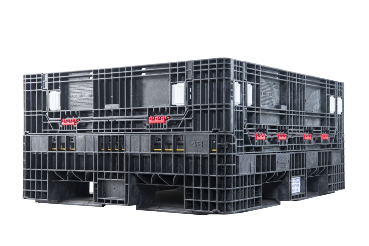 A black collapsible bulk bin with a lid on it.