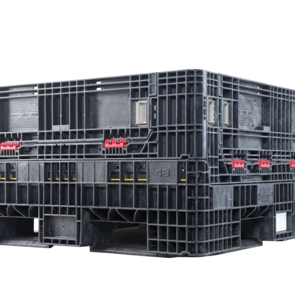 HDR5648-25 large black industrial plastic shipping containers are stacked together on a white background.