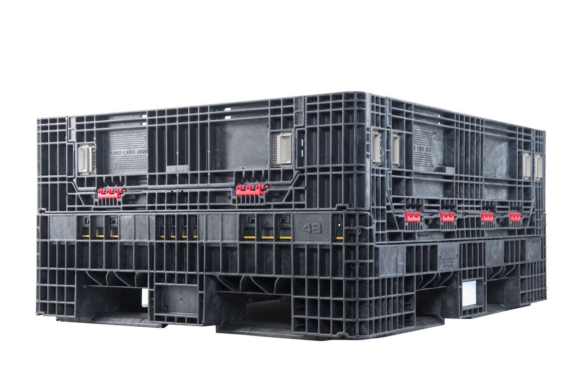 HDR5648-25 large black industrial plastic shipping containers are stacked together on a white background.