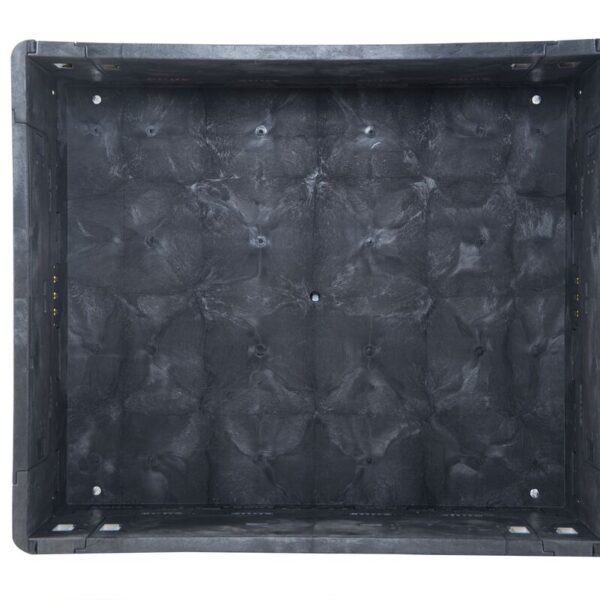 Top-down view of an empty, large HDR5648-25 black plastic storage container featuring a textured interior surface.