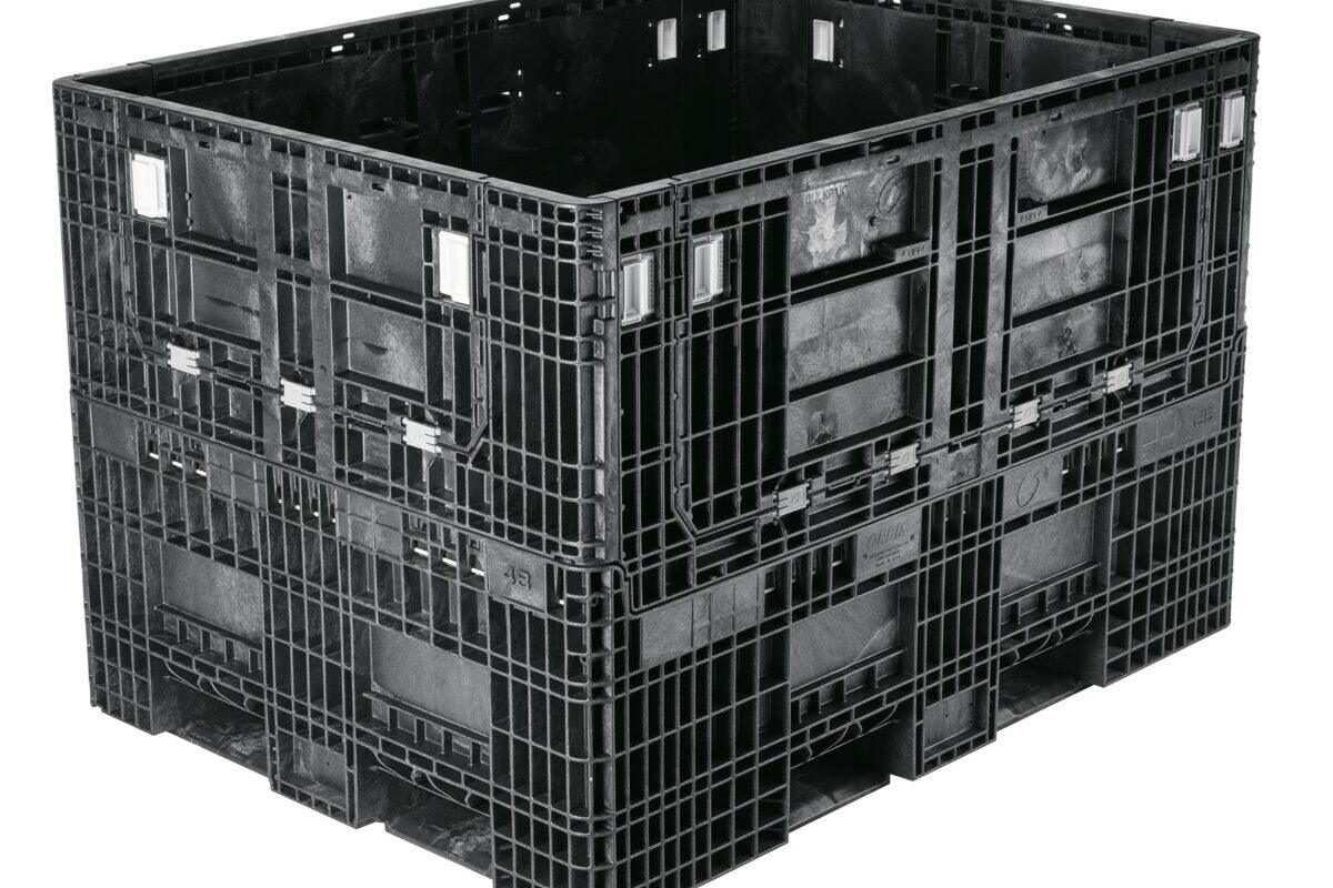A collapsible black plastic bulk container on a white background.