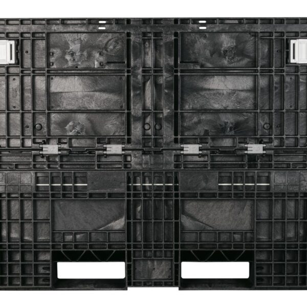 A collapsible black plastic crate on a white background.