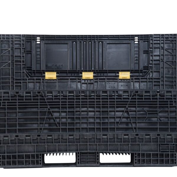 A black plastic collapsible bulk container on a white background.