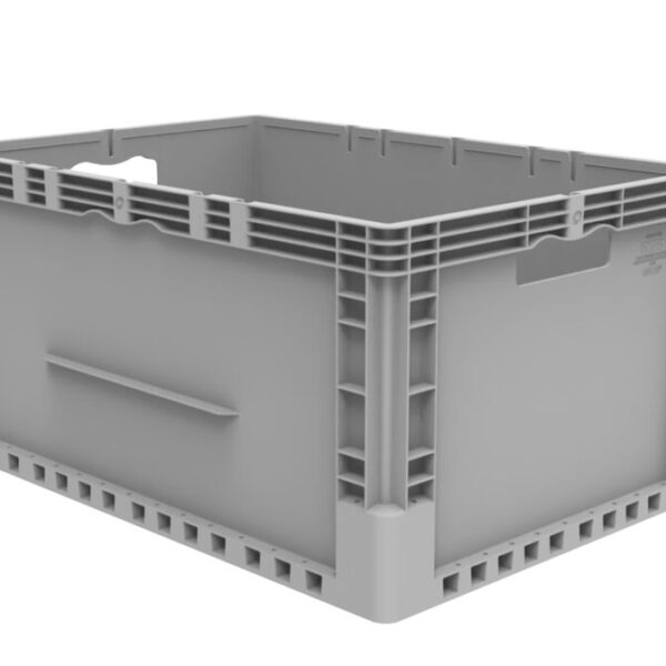 The ML6545-325 is a gray plastic storage crate featuring reinforced corners and side handles, displayed against a white background.