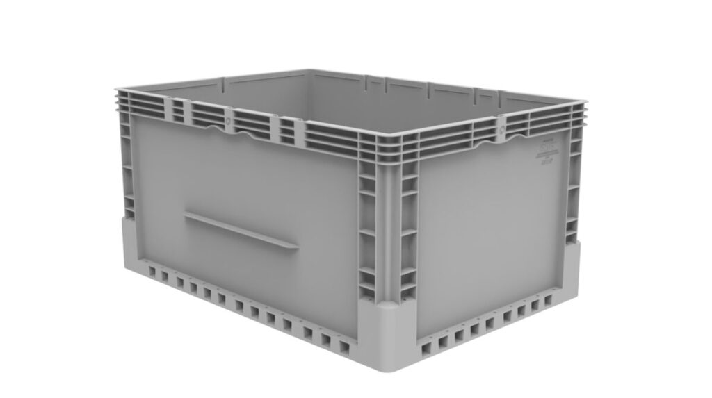 The ML6545-325 is a grey, rectangular plastic storage crate with a vented base and reinforced corners, shown at an angle against a white background.