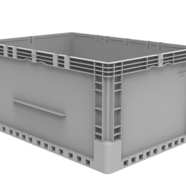 The ML6545-325 is a grey, rectangular plastic storage crate with a vented base and reinforced corners, shown at an angle against a white background.