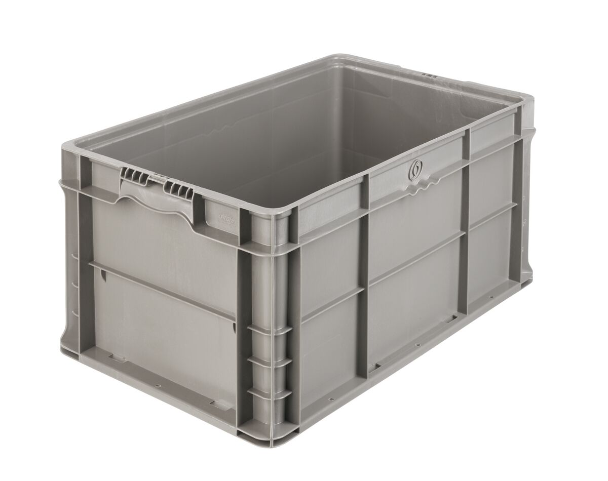 The NXO2415-11.5 is a large, empty gray plastic storage crate with reinforced sides and an open top, displayed against a white background.