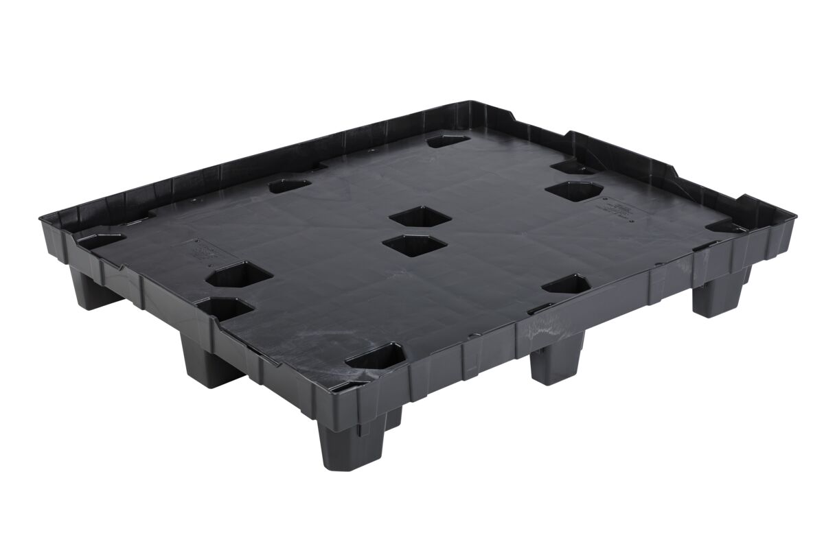 A black plastic pallet on a white background.