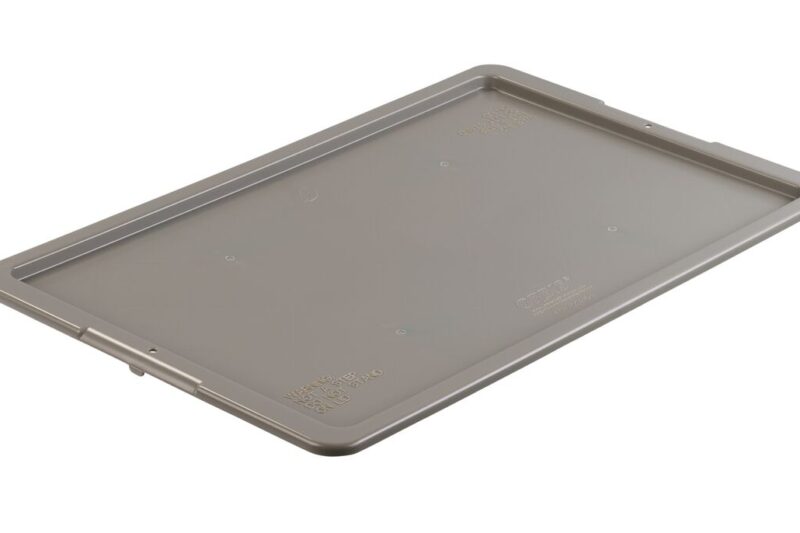 The RCNXO2415-1 is a rectangular, flat, gray plastic lid designed to fit a storage container, shown against a white background.