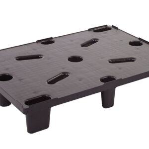 A black plastic pallet with holes.