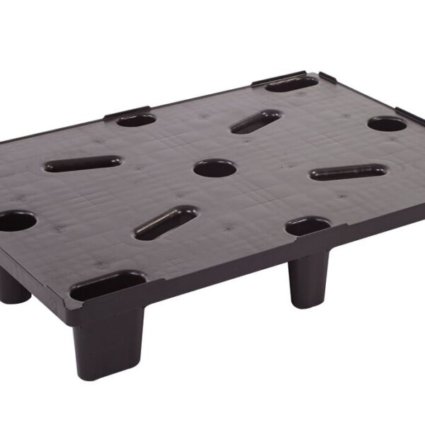 A black plastic pallet with holes.