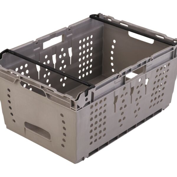 A gray plastic XPRESSPICKUP™ storage crate with handles, perfect for organizing and storing items.
