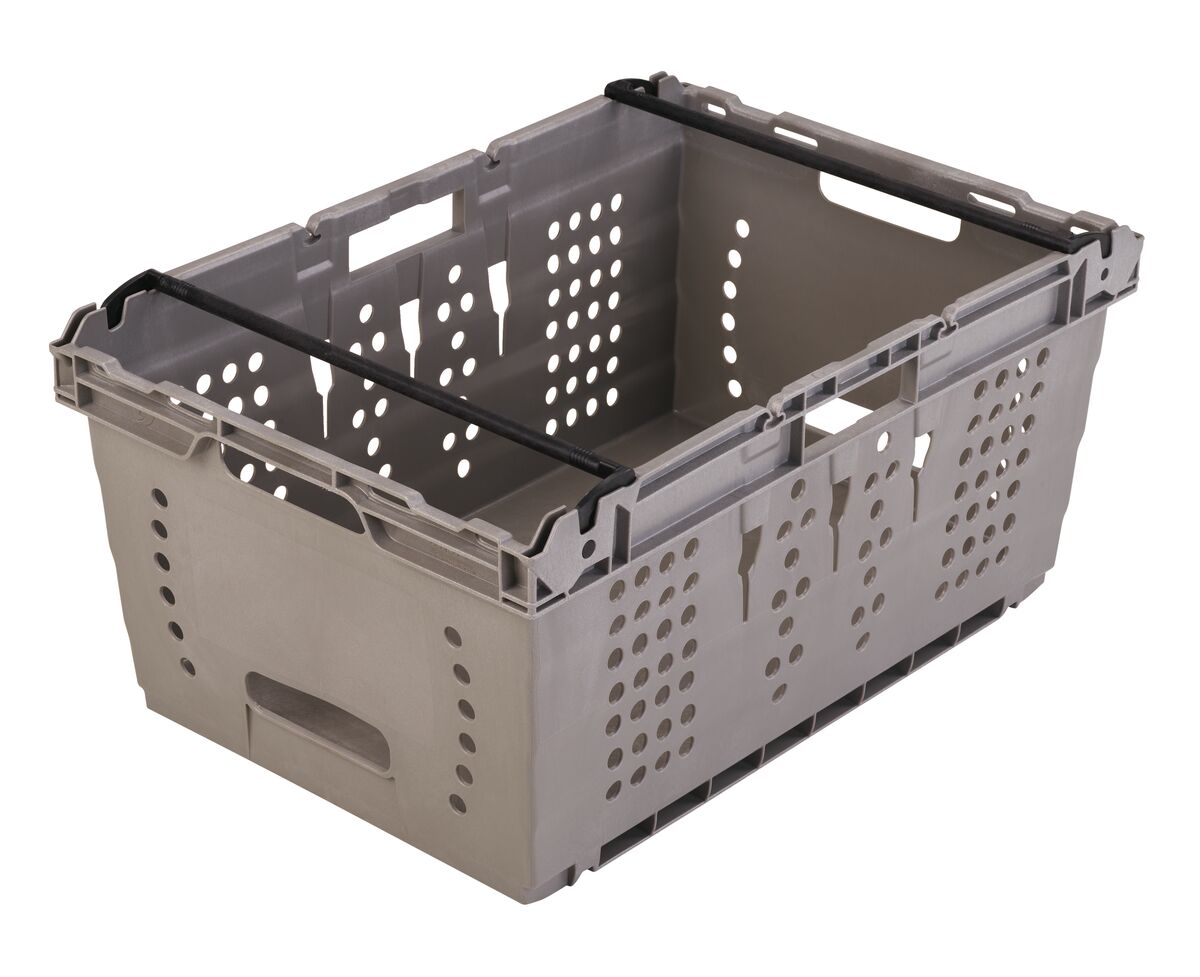 A gray plastic XPRESSPICKUP™ storage crate with handles, perfect for organizing and storing items.