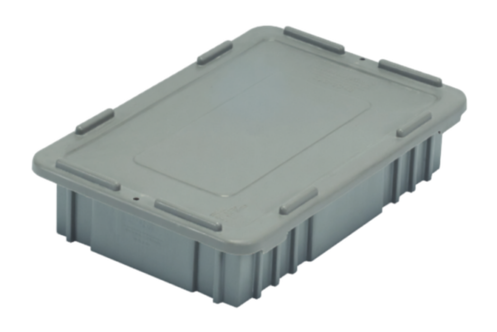 A CDC2040-XL gray, rectangular plastic storage container with a fitted lid and reinforced sides is shown at an angle against a white background.