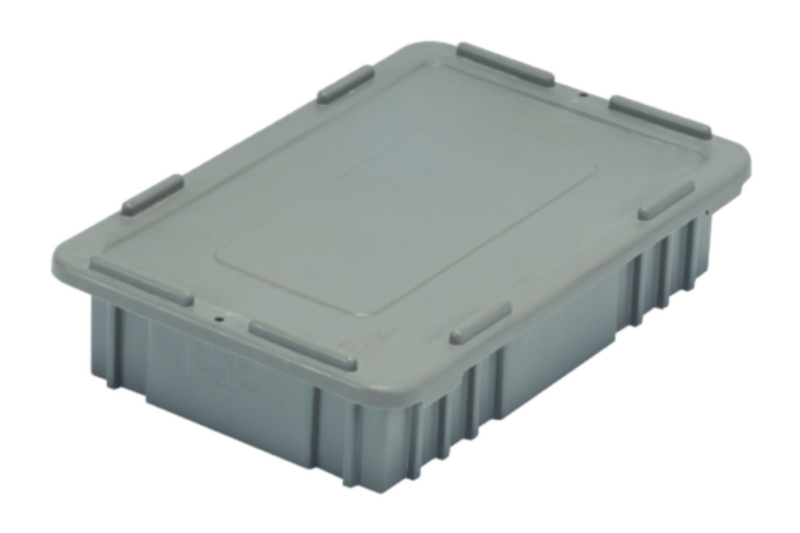 A CDC2040-XL gray, rectangular plastic storage container with a fitted lid and reinforced sides is shown at an angle against a white background.