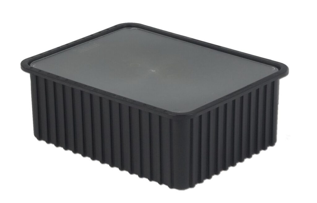 A CDC2000-XL black rectangular plastic container with a clear, flat lid, displayed on a white background.
