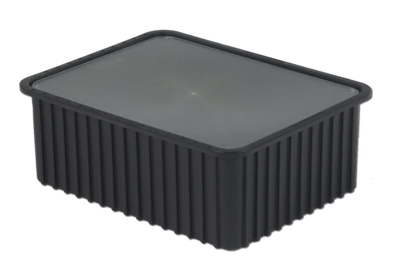 A CDC2000-XL black rectangular plastic container with a clear, flat lid, displayed on a white background.