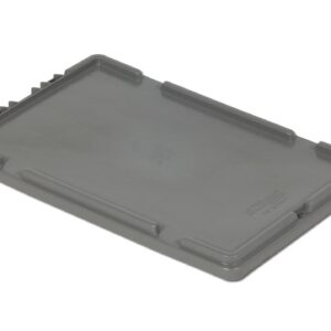 A gray plastic lid with a rectangular shape, suitable for a container, shown on a plain white background.