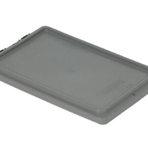 A rectangular, grey plastic lid with a slightly raised edge and rounded corners, designed to fit a storage container.
