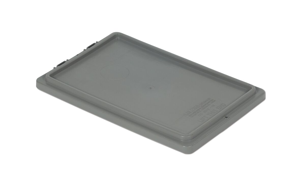 A rectangular, grey plastic lid with a slightly raised edge and rounded corners, designed to fit a storage container.
