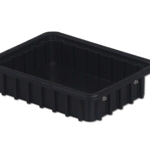 Rectangular black plastic container with ribbed sides and a flat bottom.