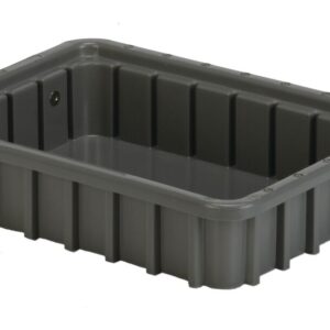 A rectangular grey plastic container with ribbed sides.