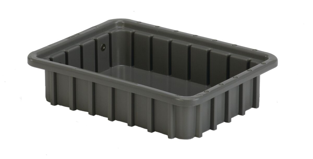 A rectangular grey plastic container with ribbed sides.