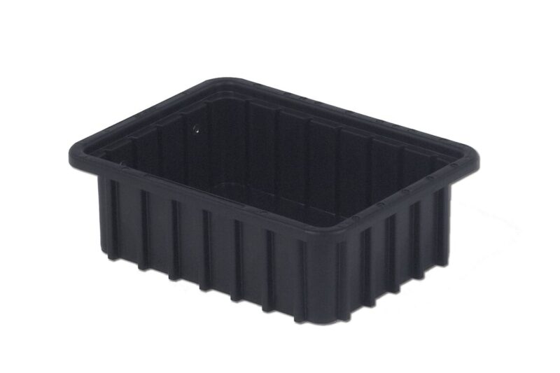 A black rectangular plastic container with ribbed sides and a raised lip around the top edge.