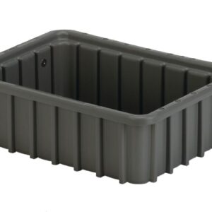 A rectangular, gray plastic storage bin with the DC1035 product name features ribbed sides and rounded edges on a white background.