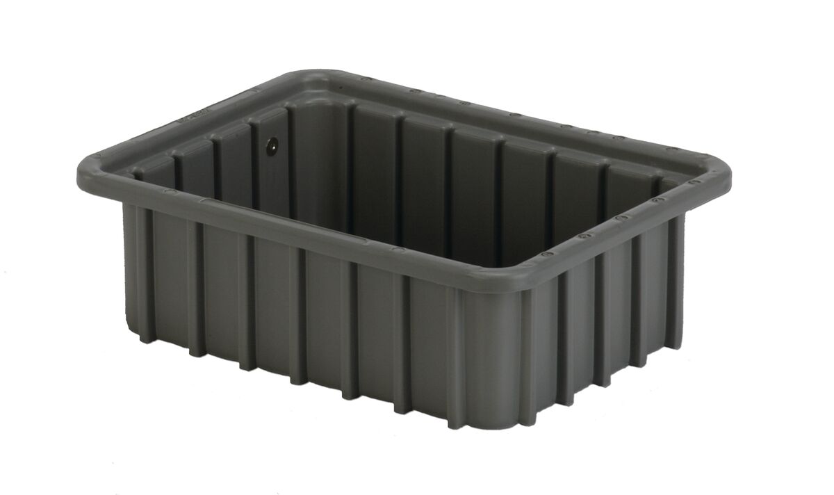 A rectangular, gray plastic storage bin with the DC1035 product name features ribbed sides and rounded edges on a white background.