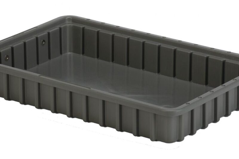 A rectangular gray plastic tray with grooved sides and a flat bottom.