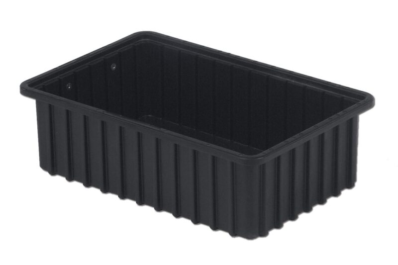 A rectangular, black plastic container with ribbed sides and no lid, labeled as DC2050-XL.