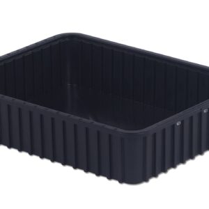 A black rectangular plastic container, DC3050-XL, featuring ridged sides and a slightly raised edge.