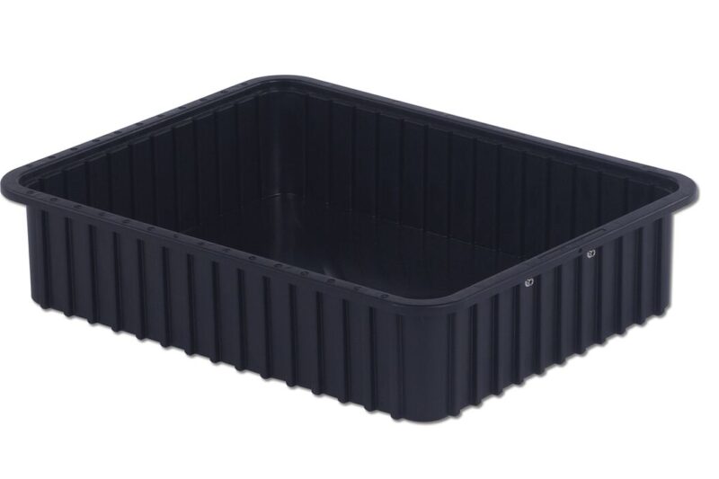 A black rectangular plastic container, DC3050-XL, featuring ridged sides and a slightly raised edge.