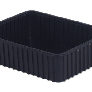 A rectangular, black plastic container with ridged sides and an open top, model DC3060-XL.