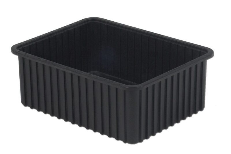 A rectangular black plastic container, model DC3060-XL, features vertical ridges on the exterior and an open top.