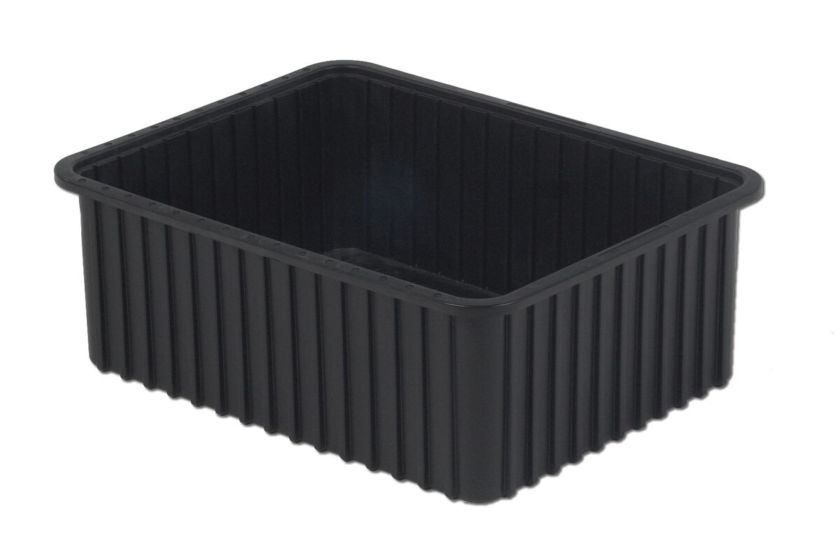 A rectangular black plastic container, model DC3060-XL, features vertical ridges on the exterior and an open top.
