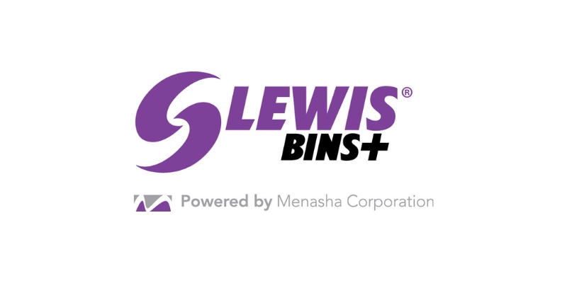 Lewis Bins+ logo in purple with a swirl shape and powered by Menasha Corporation written below.