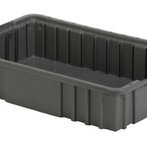 A rectangular, gray plastic storage bin with ribbed sides and a smooth interior base.