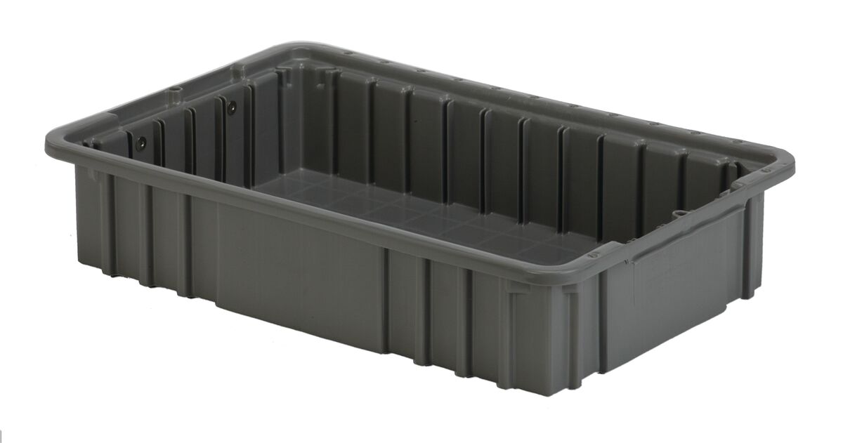 A rectangular, gray plastic storage bin with ribbed sides and a smooth interior base.