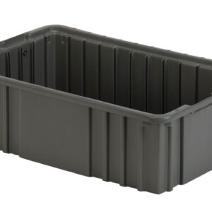 A grey, rectangular plastic storage crate with a ribbed exterior and no lid.