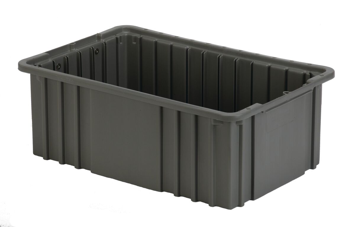 A large, empty, gray plastic storage container with reinforced sides and a rectangular shape.