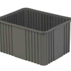 A large, rectangular, gray plastic storage bin with ridged sides.