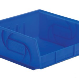 A blue plastic storage bin with a wide opening and stackable design.