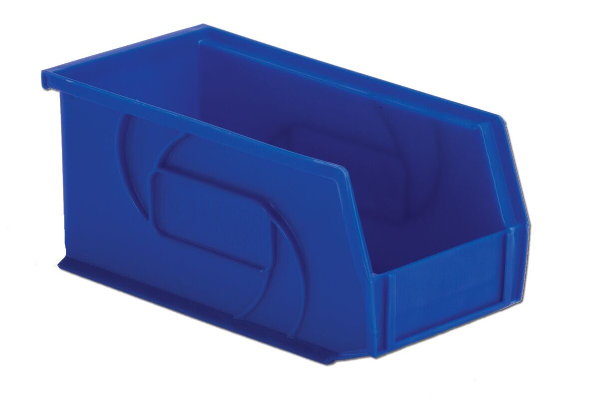 A blue plastic storage bin with an open front for easy access to contents.